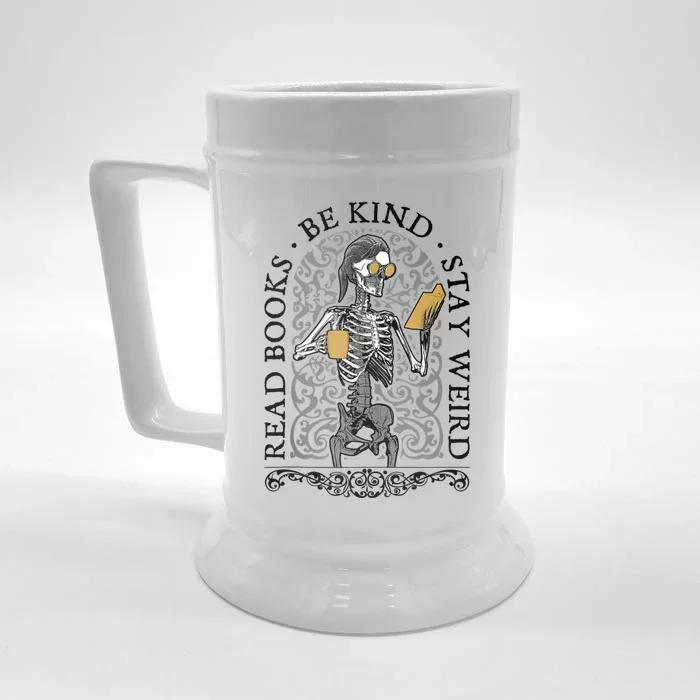 Read Books Be Kind Stay Weird Gothic Book Lover Skeleton Front & Back Beer Stein