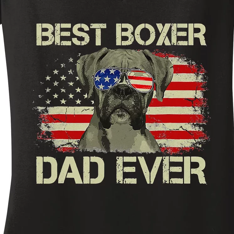 Retro Best Boxer Dad Ever US Flag Dog Lover Fathers Day Women's V-Neck T-Shirt