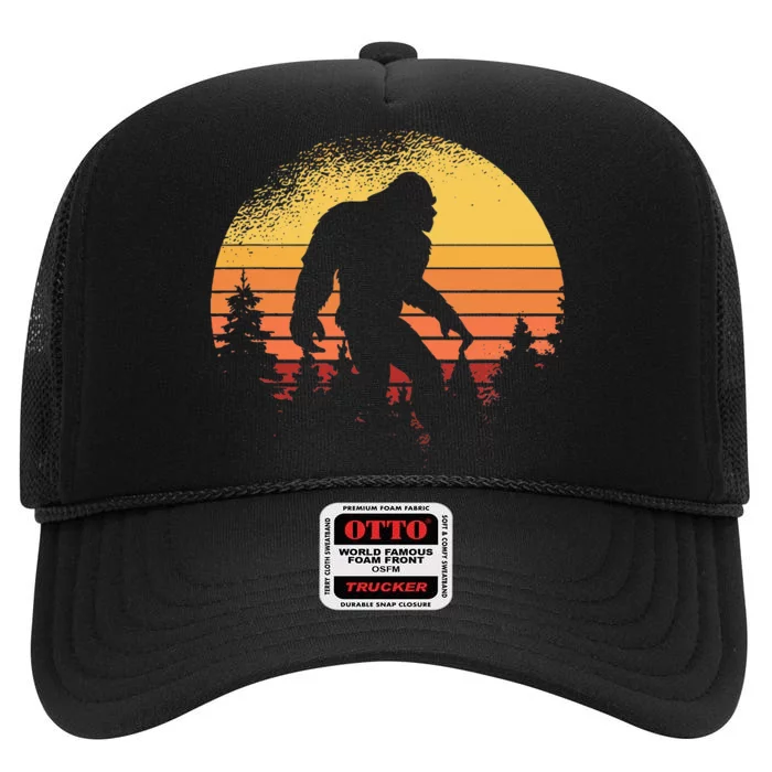 Retro Bigfoot Believer Silhouette Sasquatch Hide And Seek High Crown Mesh Trucker Hat