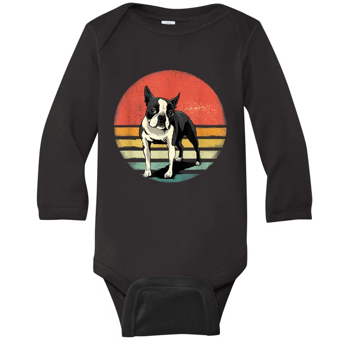 Retro Boston Bull Terrier Dog Puppy Boston Terrier Dad Mom Baby Long Sleeve Bodysuit