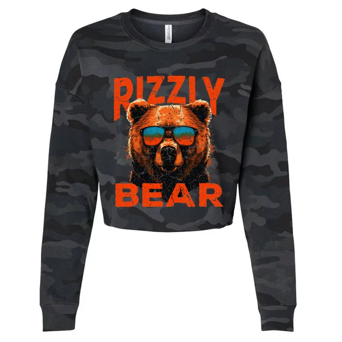 Rizzly Bear Cool Grizzly Bear Wearing Sunglasses Funny Meme Cropped Pullover Crew