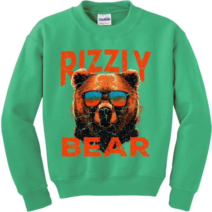 Rizzly Bear Cool Grizzly Bear Wearing Sunglasses Funny Meme Kids Sweatshirt