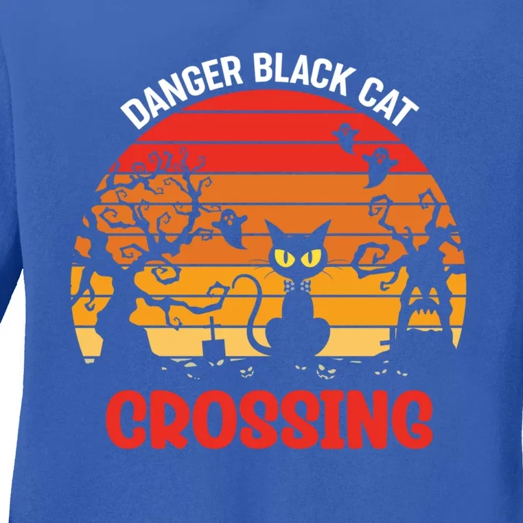 Retro Black Cat Danger Cat Crossing Funny Halloween Gift Ladies Long Sleeve Shirt