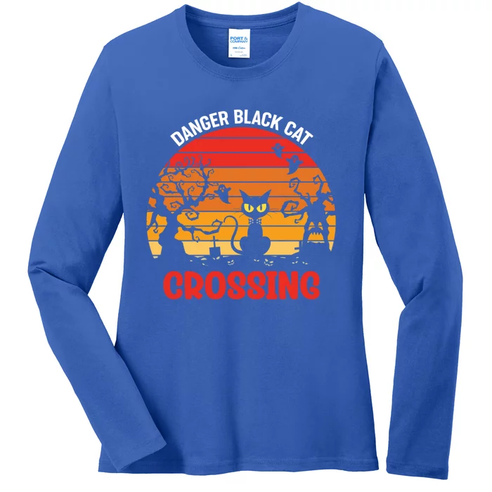 Retro Black Cat Danger Cat Crossing Funny Halloween Gift Ladies Long Sleeve Shirt