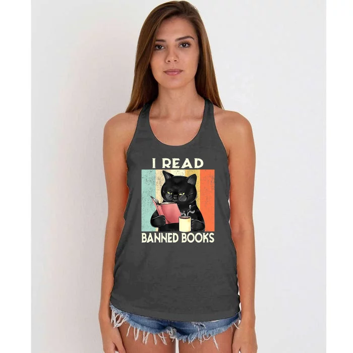 Reading Book Cat I Read Banned Books Funny Bookworms Women's Knotted Racerback Tank