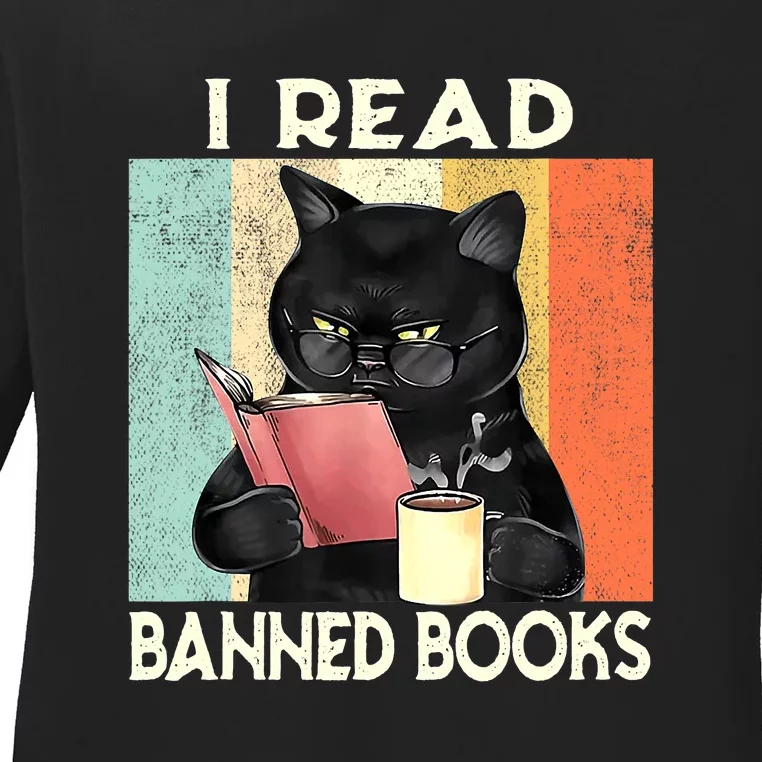 Reading Book Cat I Read Banned Books Funny Bookworms Ladies Long Sleeve Shirt