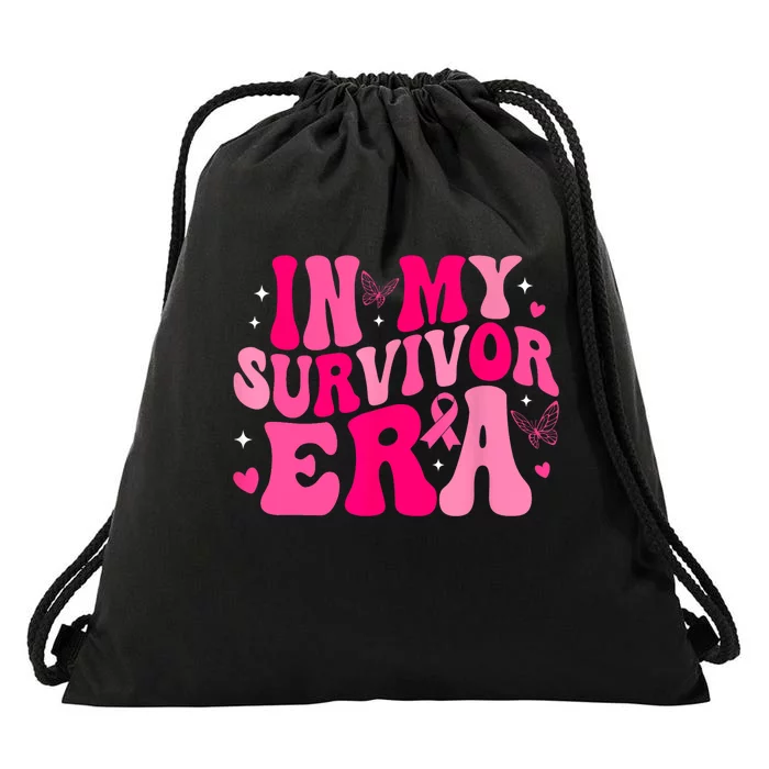 Retro Breast Cancer Awareness In My Survivor Era Groovy Gift Drawstring Bag