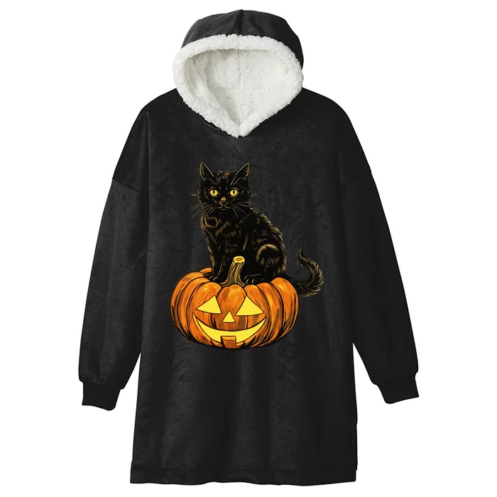 Retro Black Cat Halloween Pumpkin Costume Hooded Wearable Blanket