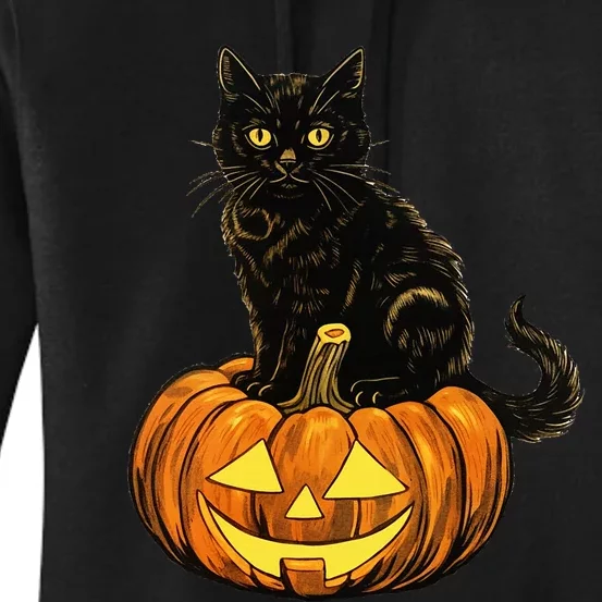 Retro Black Cat Halloween Pumpkin Costume Women's Pullover Hoodie