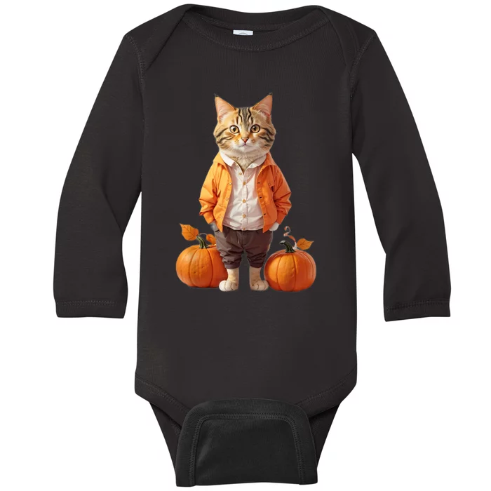 Retro Black Cat Halloween Pumpkin Costume Baby Long Sleeve Bodysuit