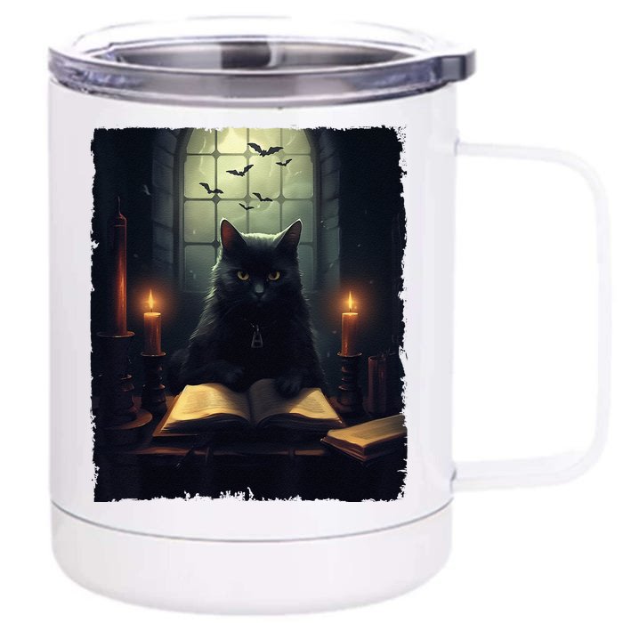 Retro Black Cat Reading Book Vintage Halloween Book Lover Front & Back 12oz Stainless Steel Tumbler Cup