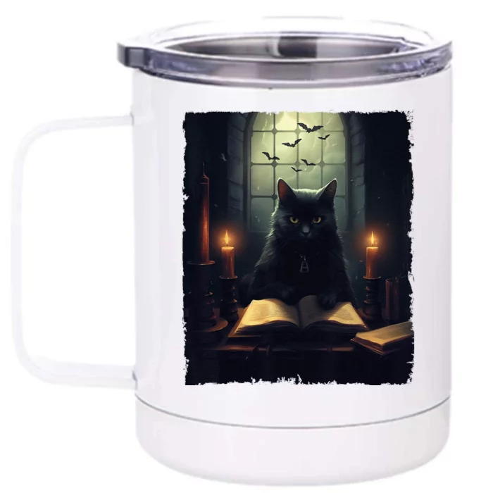 Retro Black Cat Reading Book Vintage Halloween Book Lover Front & Back 12oz Stainless Steel Tumbler Cup