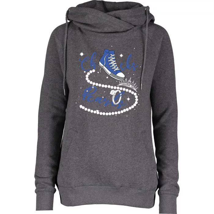 Royal Blue Chucks And Pearls Womens Funnel Neck Pullover Hood