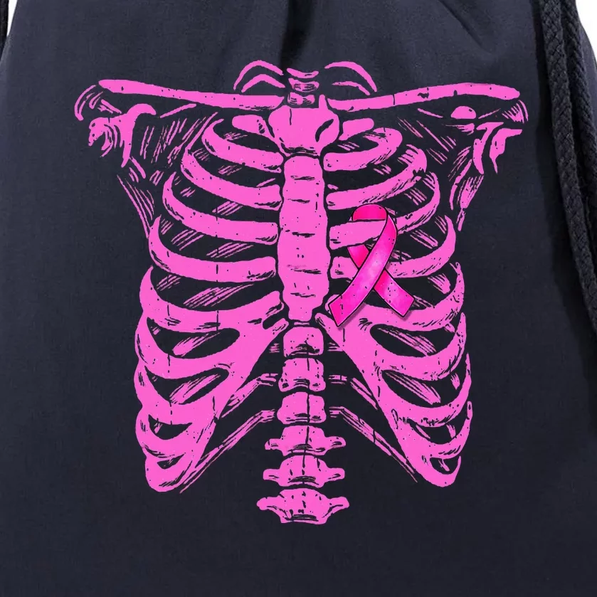 Ribbon Breast Cancer Awareness Halloween Skeleton Drawstring Bag