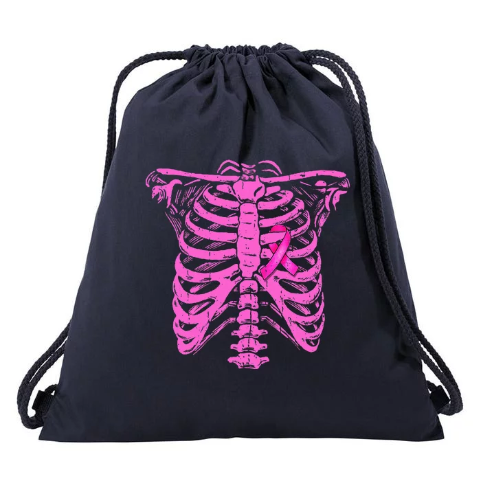 Ribbon Breast Cancer Awareness Halloween Skeleton Drawstring Bag