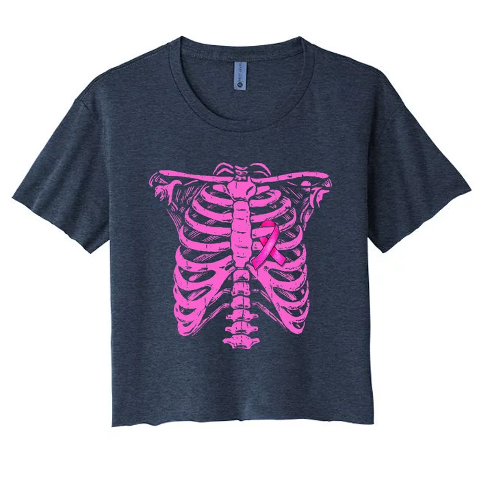 Ribbon Breast Cancer Awareness Halloween Skeleton Women's Crop Top Tee