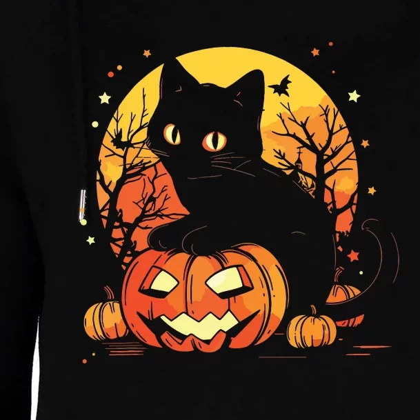 Retro Black Cat Halloween Pumpkin Costume Womens Funnel Neck Pullover Hood