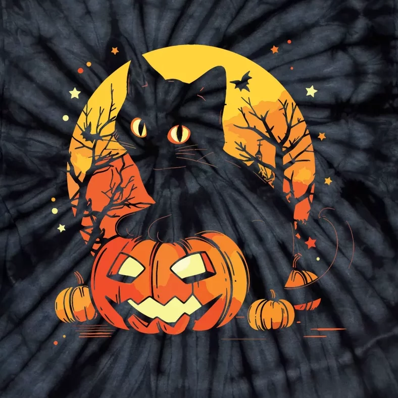 Retro Black Cat Halloween Pumpkin Costume Tie-Dye T-Shirt