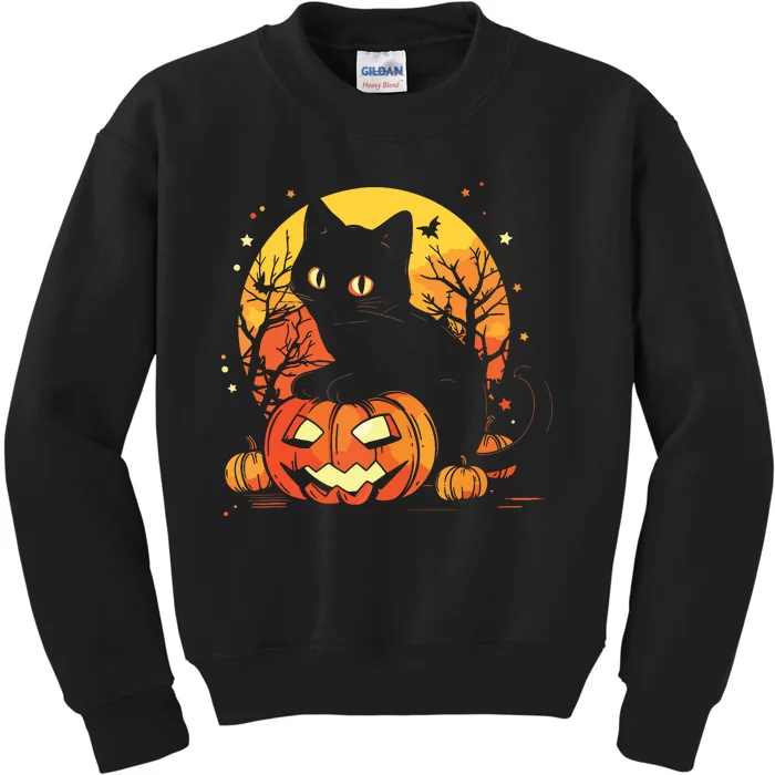 Retro Black Cat Halloween Pumpkin Costume Kids Sweatshirt