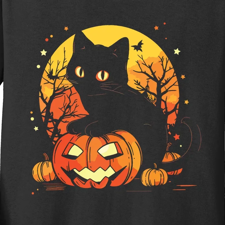 Retro Black Cat Halloween Pumpkin Costume Kids Long Sleeve Shirt