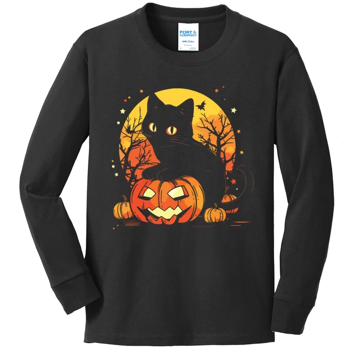 Retro Black Cat Halloween Pumpkin Costume Kids Long Sleeve Shirt