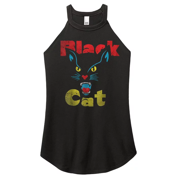 Retro Black Cat Retro Fireworks Vintage Halloween 70s Women’s Perfect Tri Rocker Tank