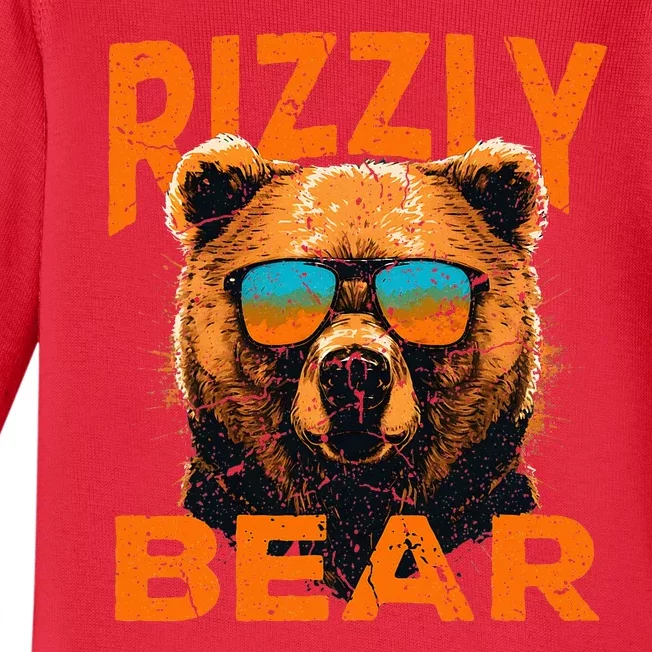 Rizzly Bear Cool Grizzly Bear Wearing Sunglasses Funny Meme Baby Long Sleeve Bodysuit