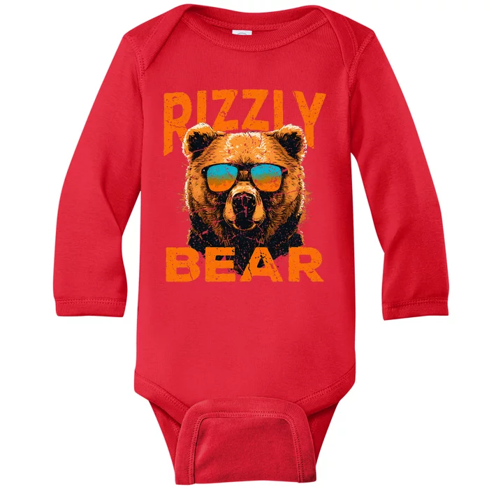 Rizzly Bear Cool Grizzly Bear Wearing Sunglasses Funny Meme Baby Long Sleeve Bodysuit