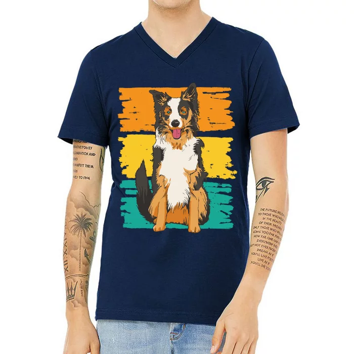 Retro Border Collie V-Neck T-Shirt