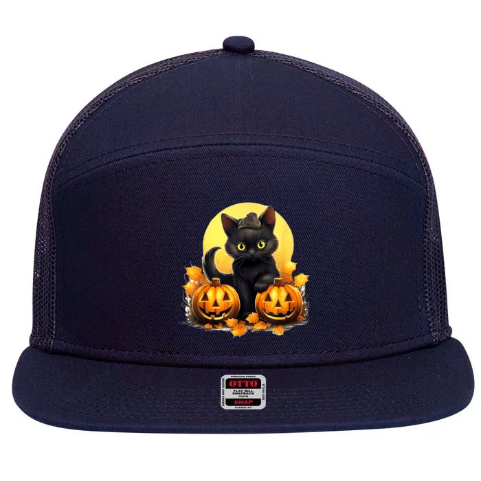 Retro Black Cat Halloween Pumpkin Full Moon Costume 7 Panel Mesh Trucker Snapback Hat