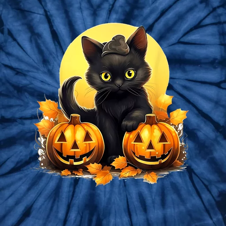 Retro Black Cat Halloween Pumpkin Full Moon Costume Tie-Dye T-Shirt