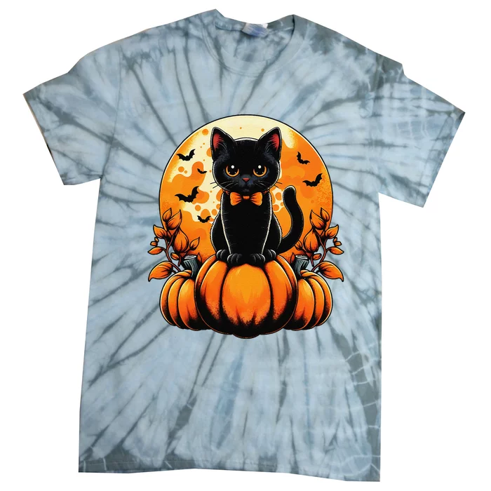 Retro Black Cat Pumpkin Halloween Costume Fall Autumn Season Gift Tie-Dye T-Shirt