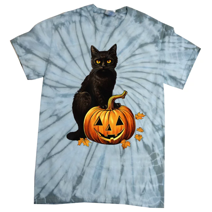 Retro Black Cat Halloween Pumpkin Tie-Dye T-Shirt