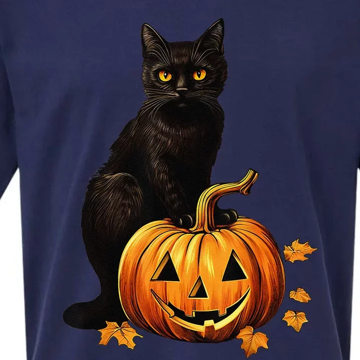 Retro Black Cat Halloween Pumpkin Sueded Cloud Jersey T-Shirt