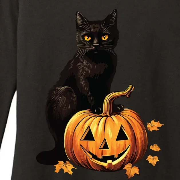 Retro Black Cat Halloween Pumpkin Costume Womens CVC Long Sleeve Shirt