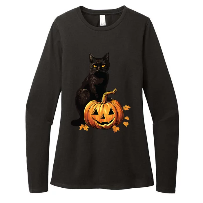 Retro Black Cat Halloween Pumpkin Costume Womens CVC Long Sleeve Shirt