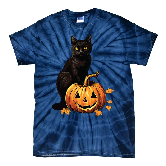 Retro Black Cat Halloween Pumpkin Costume Tie-Dye T-Shirt