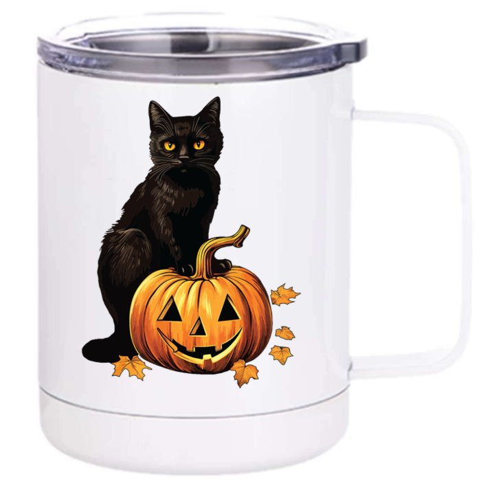 Retro Black Cat Halloween Pumpkin Costume Front & Back 12oz Stainless Steel Tumbler Cup