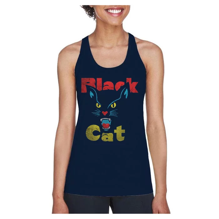 Retro Black Cat Retro Fireworks Vintage Halloween 70s Women's Racerback Tank