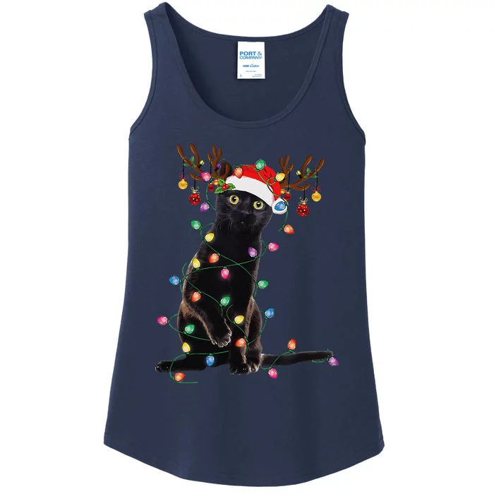 Reindeer Black Cat Christmas Lights Funny Cat Lover Gifts Ladies Essential Tank