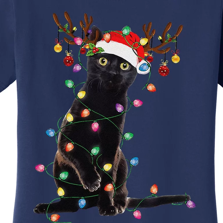 Reindeer Black Cat Christmas Lights Funny Cat Lover Gifts Women's T-Shirt