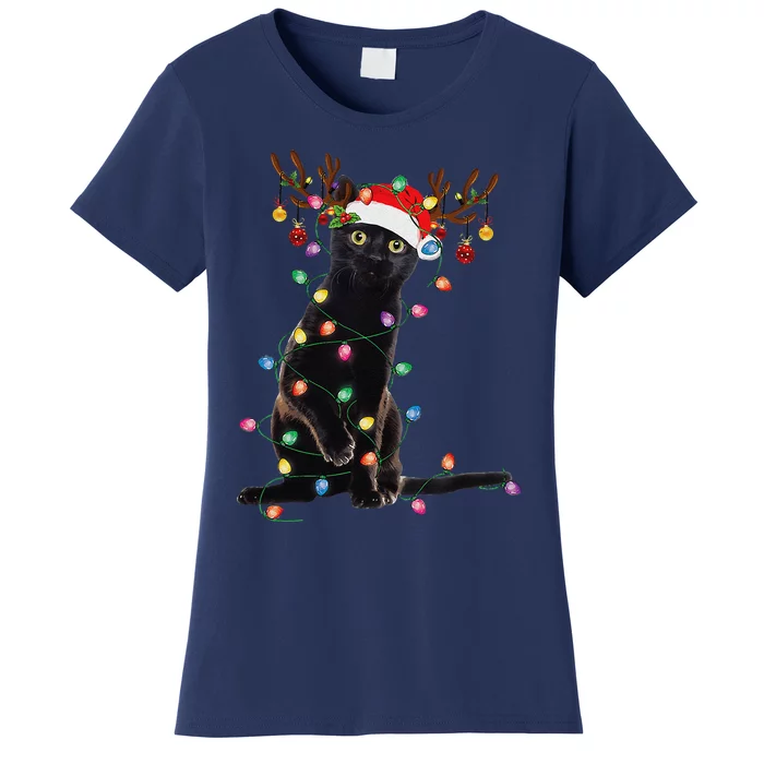 Reindeer Black Cat Christmas Lights Funny Cat Lover Gifts Women's T-Shirt