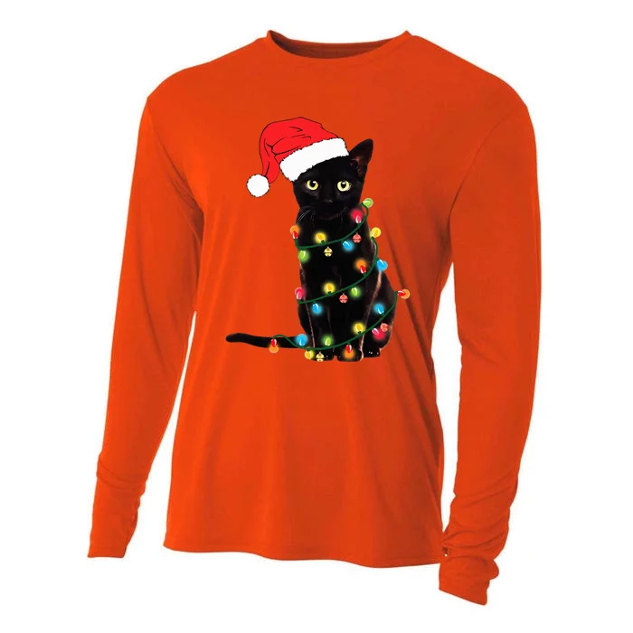 Retro Black Cat Christmas Light Funny Cat Cooling Performance Long Sleeve Crew