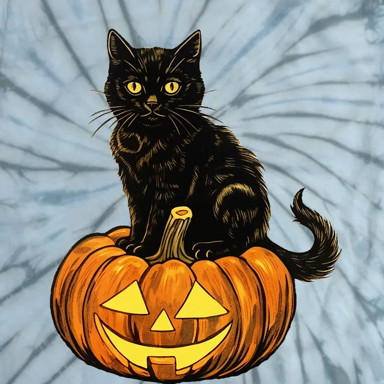 Retro Black Cat Halloween Pumpkin Costume Tie-Dye T-Shirt