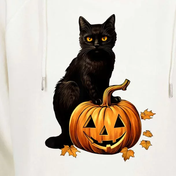 Retro Black Cat Halloween Pumpkin Costume For Thankgiving Gift Womens Funnel Neck Pullover Hood