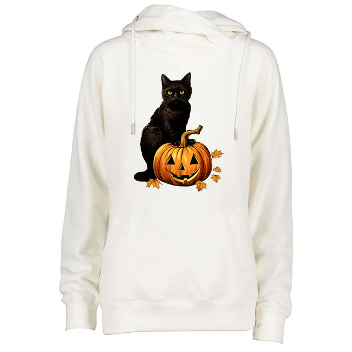 Retro Black Cat Halloween Pumpkin Costume For Thankgiving Gift Womens Funnel Neck Pullover Hood