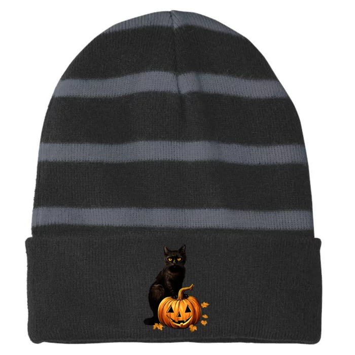 Retro Black Cat Halloween Pumpkin Costume For Thankgiving Gift Striped Beanie with Solid Band