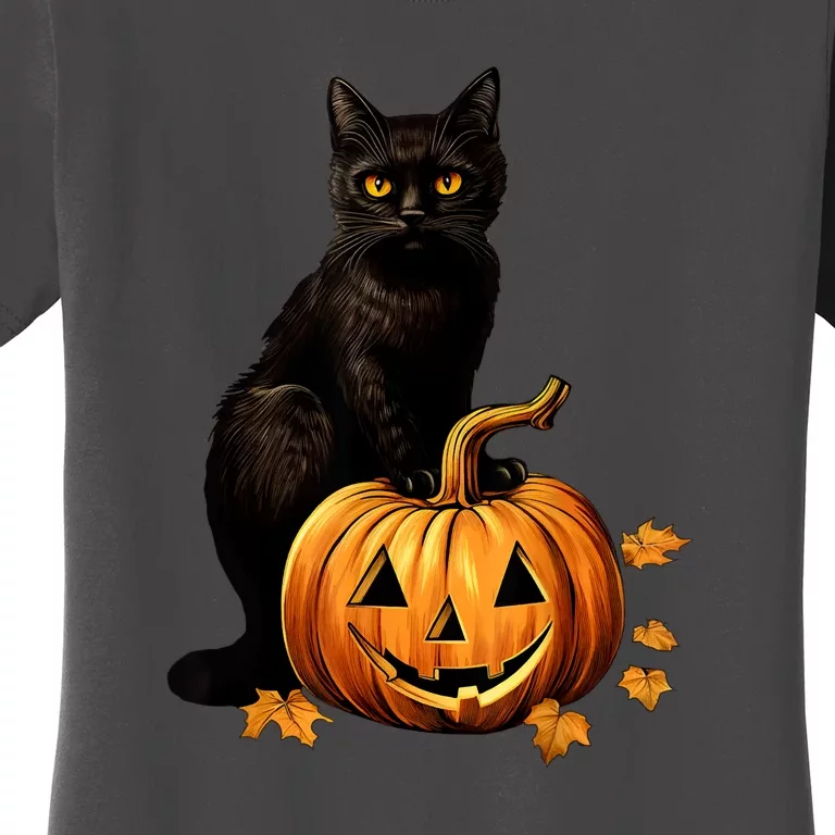 Retro Black Cat Halloween Pumpkin Costume For Thankgiving Gift Women's T-Shirt