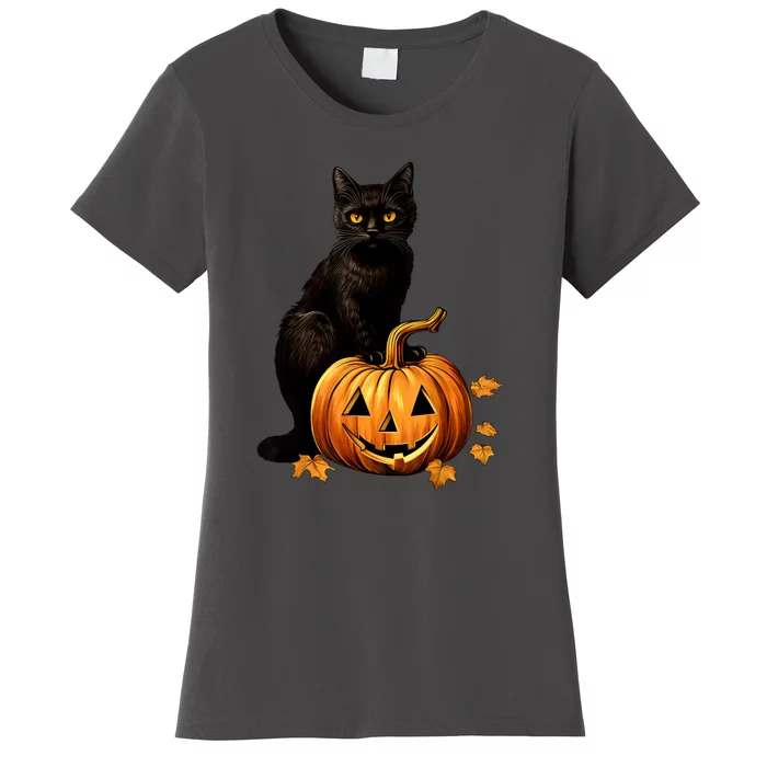 Retro Black Cat Halloween Pumpkin Costume For Thankgiving Gift Women's T-Shirt