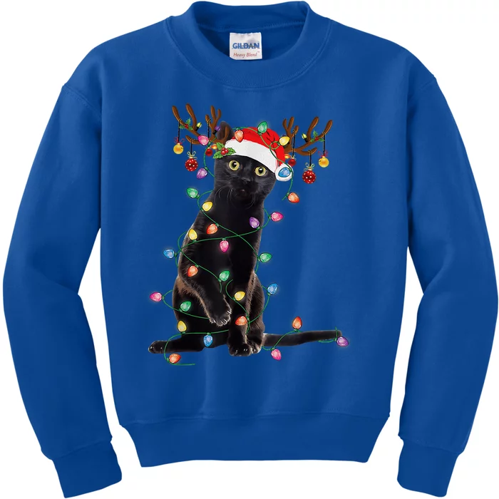 Reindeer Black Cat Christmas Lights Funny Cat Lover Funny Gift Great Gift Kids Sweatshirt